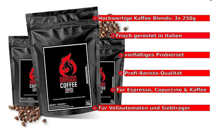 Kaffee Bohnen, Dragon Coffee Barista- frisch geröstet, Espresso säurearm - Probierset 3x250g