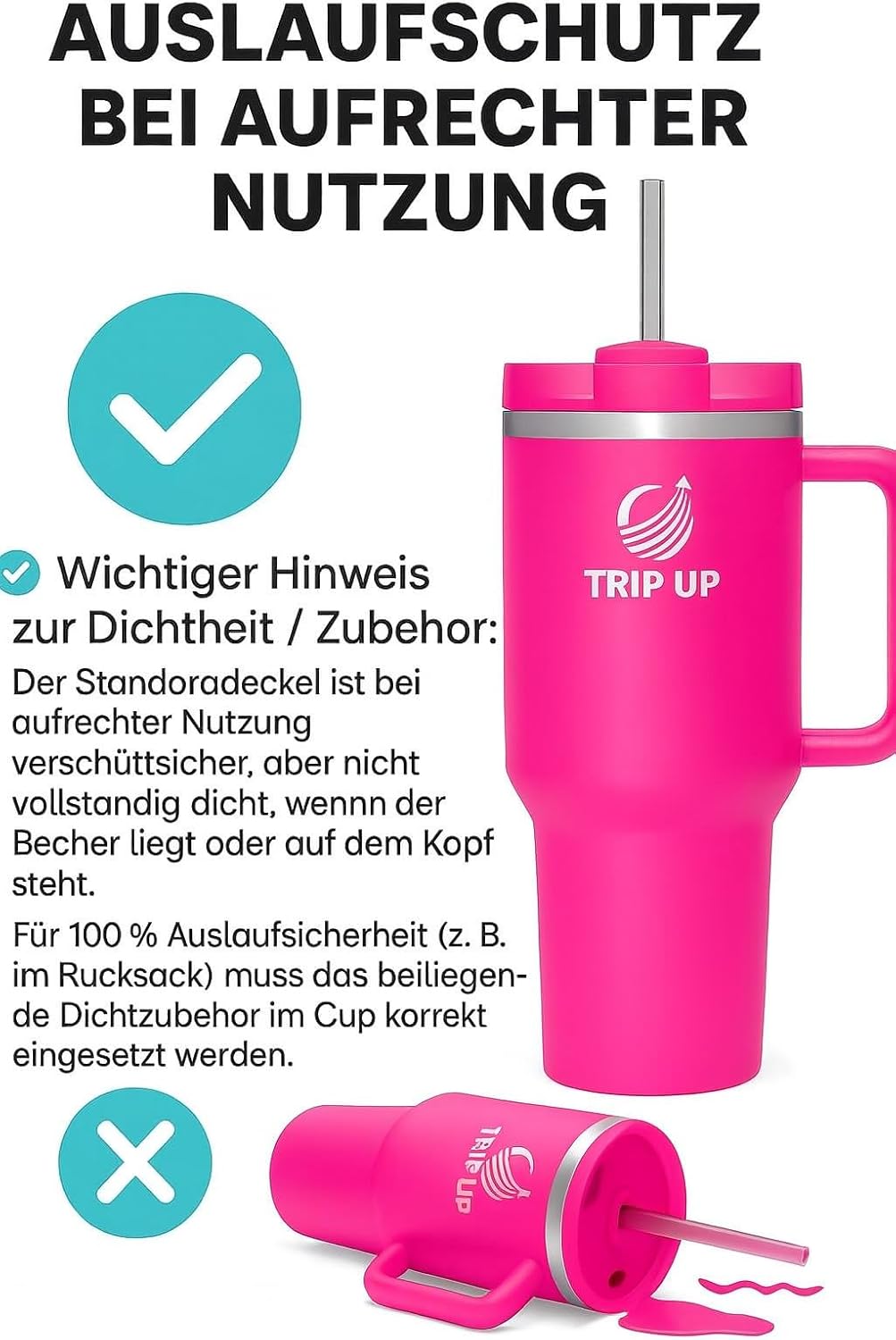 Trip Up Thermobecher Edelstahl, BPA-frei, Spülmaschinenfest, Auslaufsicher 40oz (Nova Pink)