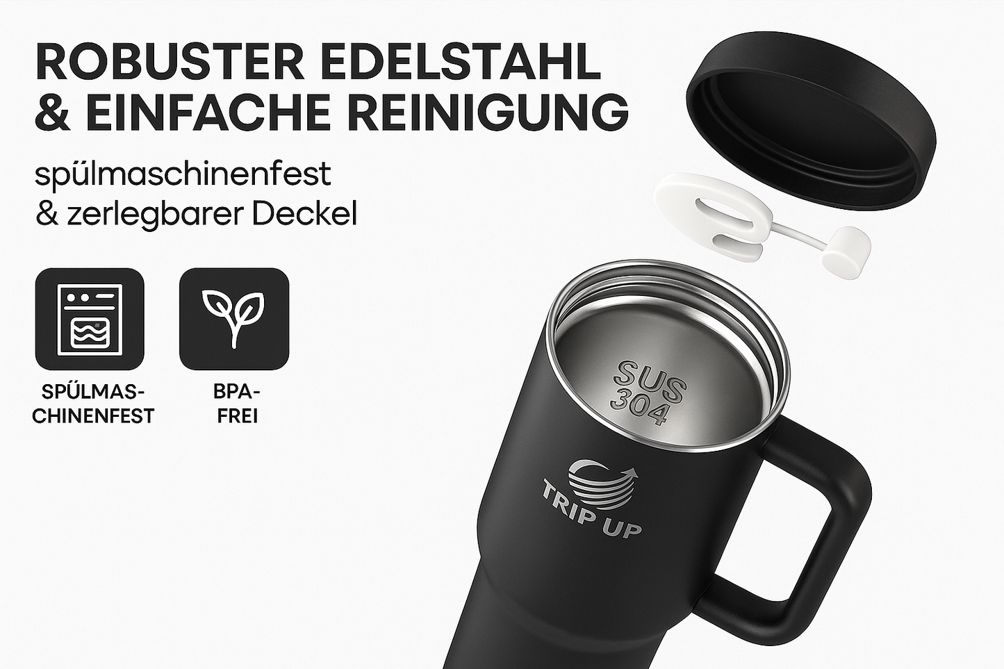 Trip Up Thermobecher Edelstahl, BPA-frei, Spülmaschinenfest, Auslaufsicher 40oz (Jet Black)