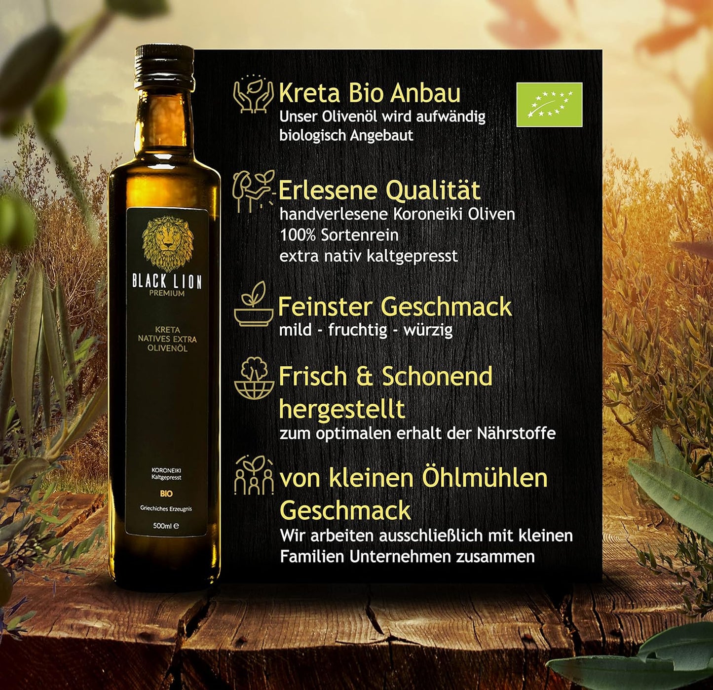 Kreta Black Lion - Griechisches Bio Olivenöl extra nativ 2x500ml (1Liter)