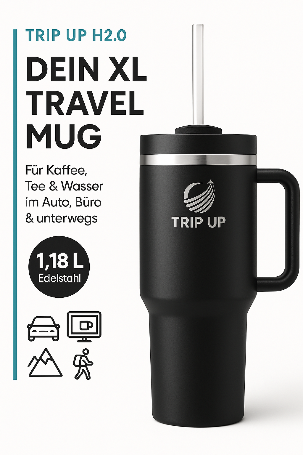 Trip Up Thermobecher Edelstahl, BPA-frei, Spülmaschinenfest, Auslaufsicher 40oz (Jet Black)