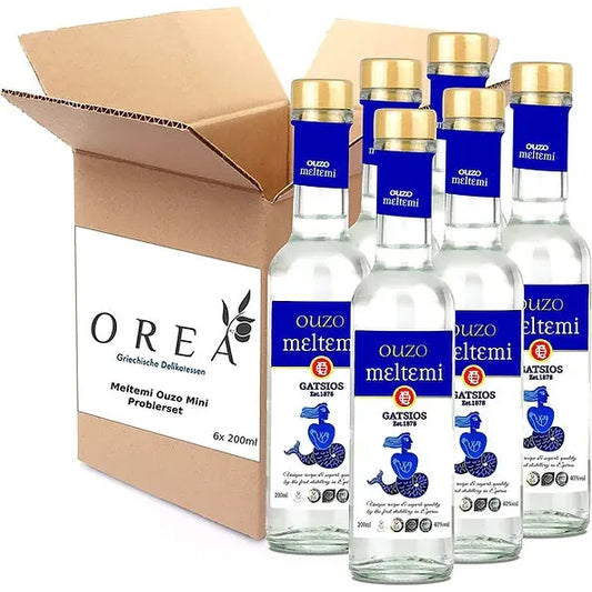 Meltemi Ouzo Gatsios Probierset | Geschenkset 6x 200ml mit Anis + Geschenkbox, Präsentkorb