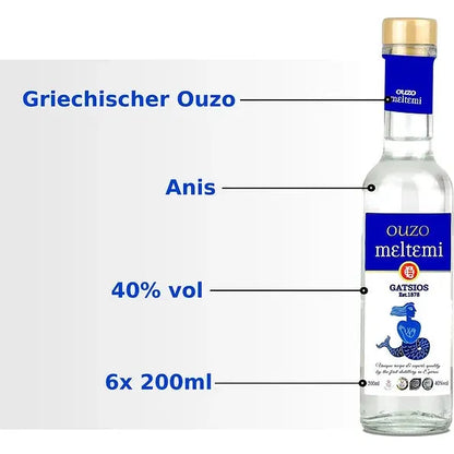 Meltemi Ouzo Gatsios Probierset | Geschenkset 6x 200ml mit Anis + Geschenkbox, Präsentkorb