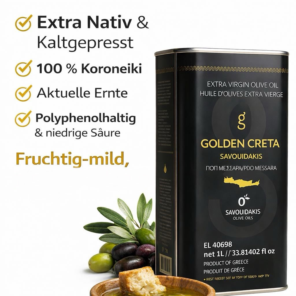 Golden Creta, natives Olivenöl extra aus Kreta 1 Liter Kanister, frische Ernte