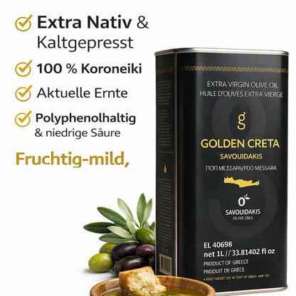 Golden Creta, natives Olivenöl extra aus Kreta 1 Liter Kanister, frische Ernte