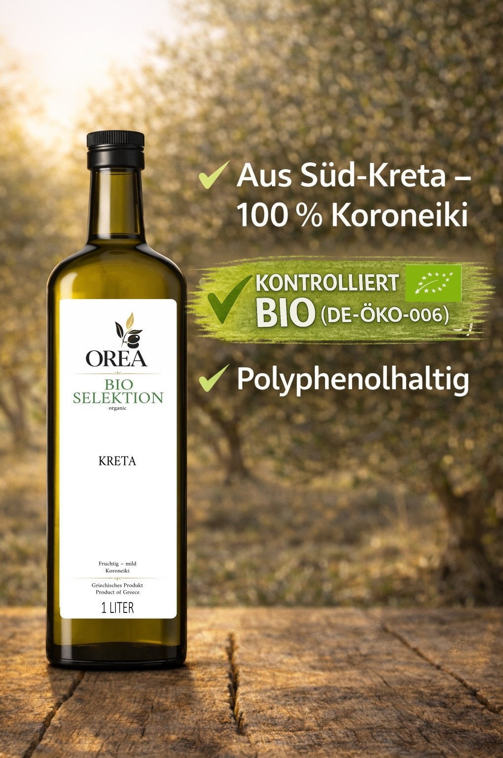 OREA Bio Olivenöl Extra Nativ aus Kreta – 3×1L (Ernte 2025/26) inkl. dunklem Balsamico Essig