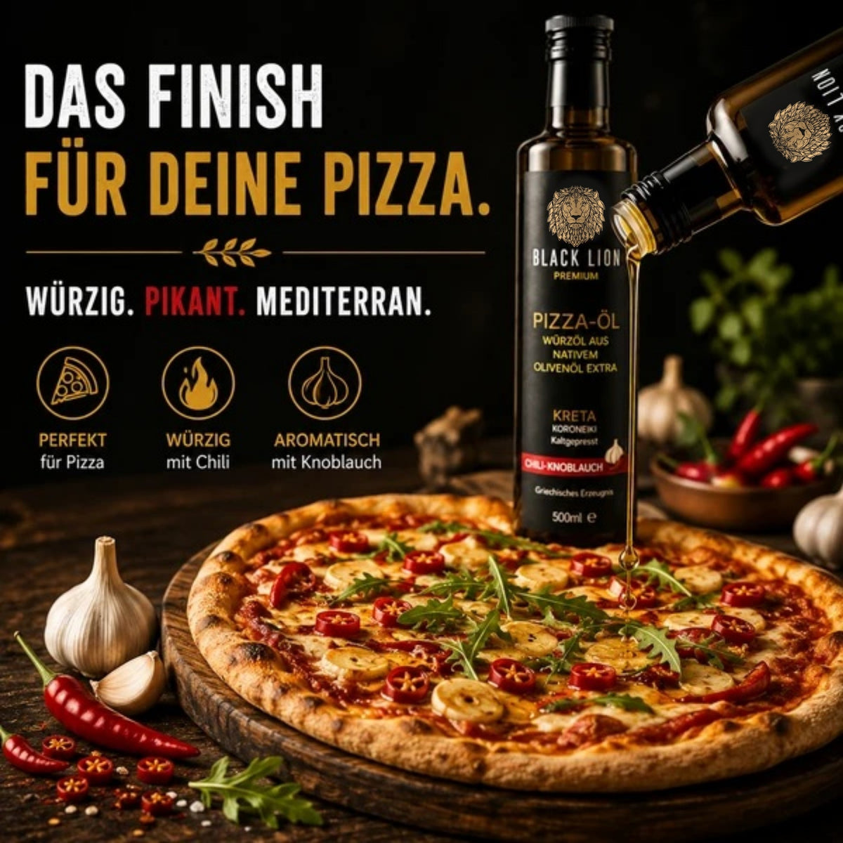 Black Lion Premium Pizzaöl Chili-Knoblauch – Natives Olivenöl Extra – 500 ml
