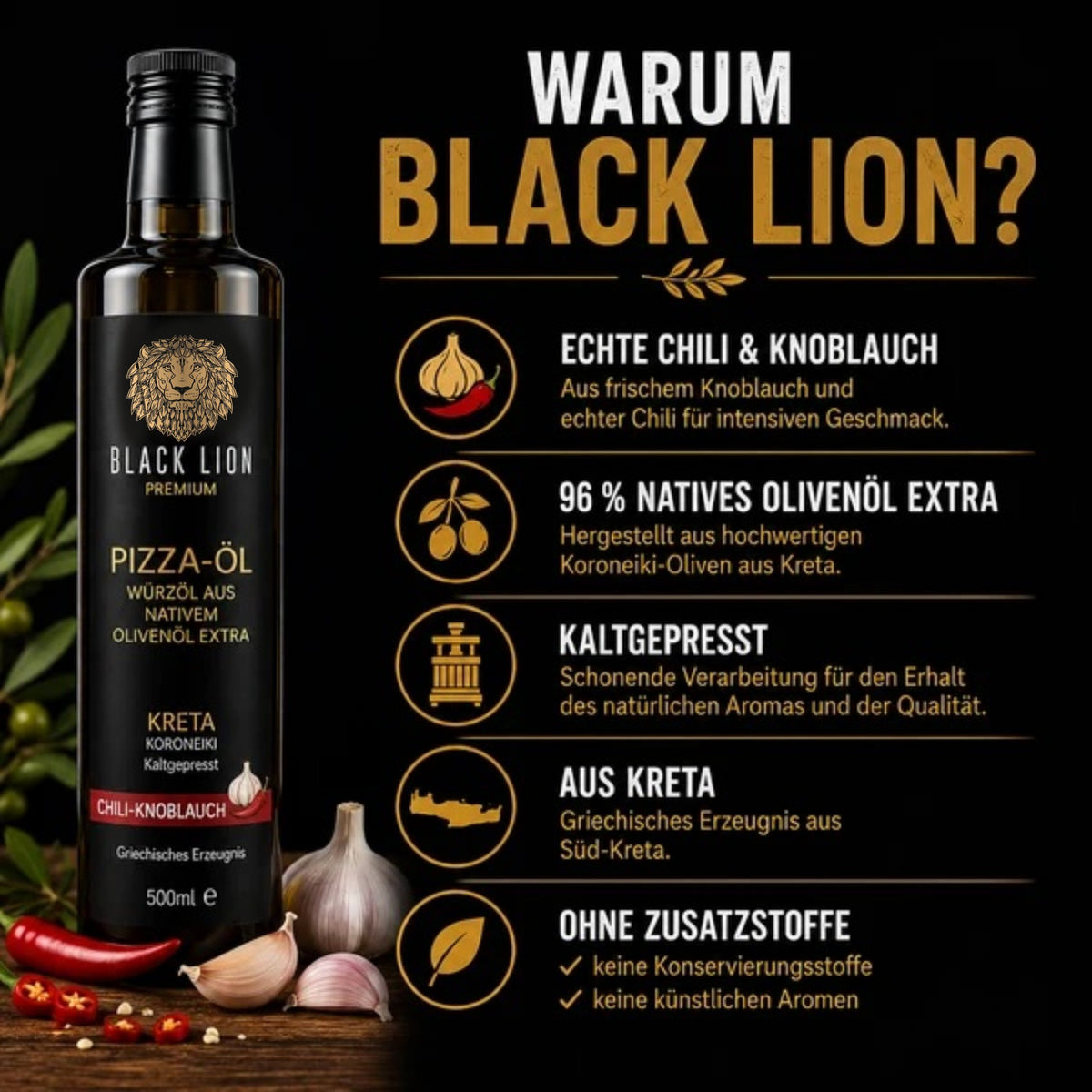 Black Lion Premium Pizzaöl Chili-Knoblauch – Natives Olivenöl Extra – 500 ml