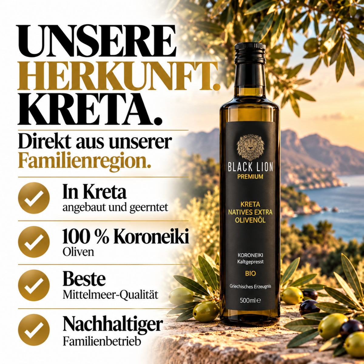 Kreta Black Lion Bio Griechisches Olivenöl extra nativ 500ml