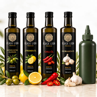 Black Lion Premium Genuss-Set – 4 × 500 ml Olivenöl + 500 ml Squeeze-Flasche | 5er-Set (2,5 L)