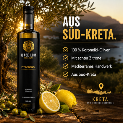 Black Lion Premium Zitronen-Olivenöl extra nativ – Zitronenöl & Würzöl mit echter Zitrone – kaltgepresst – ohne künstliche Zusätze – 500 ml