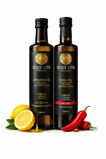 Würzöl Olivenöl Duo aus Kreta – Chili & Zitrone (2×500ml) Black Lion kaltgepresst – ohne künstliche Zusätze