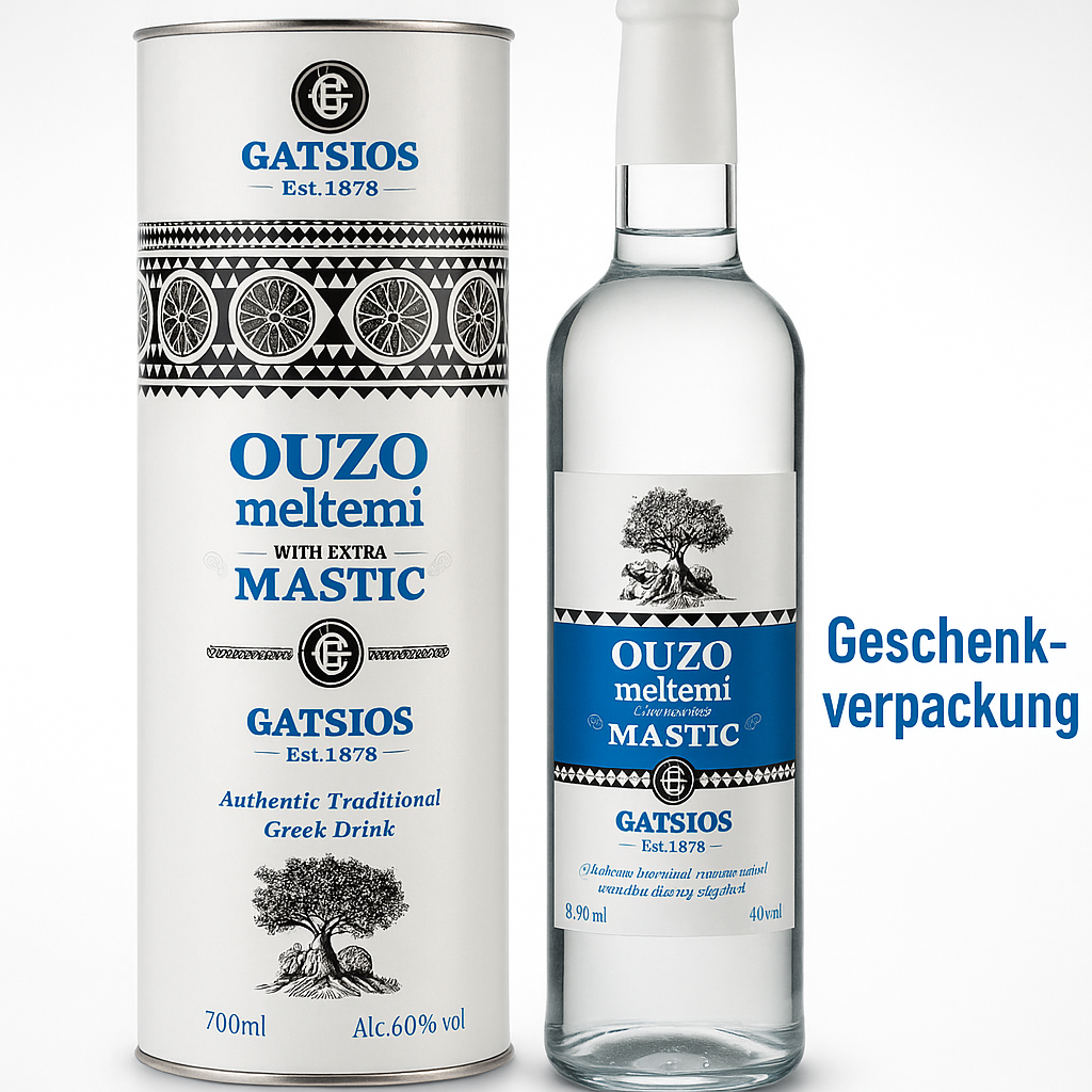 GATSIOS Ouzo Meltemi Mastic 40% Vol. – Griechischer Ouzo mit extra Mastix, 500 ml Flasche in Geschenk-Metalldose