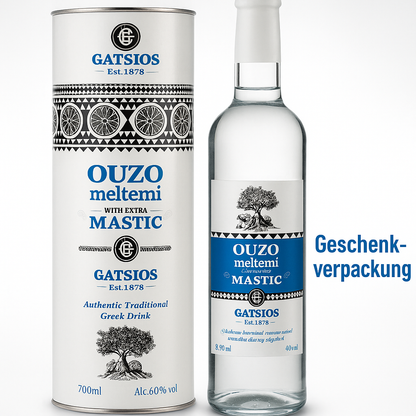 GATSIOS Ouzo Meltemi Mastic 40% Vol. – Griechischer Ouzo mit extra Mastix, 500 ml Flasche in Geschenk-Metalldose