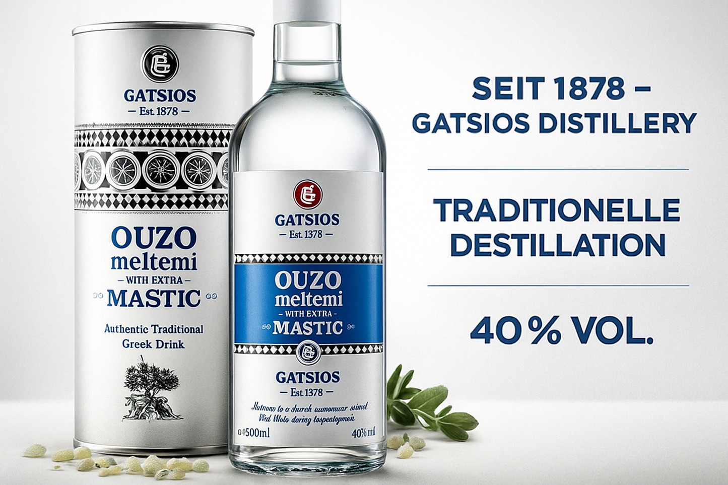 GATSIOS Ouzo Meltemi Mastic 40% Vol. – Griechischer Ouzo mit extra Mastix, 500 ml Flasche in Geschenk-Metalldose