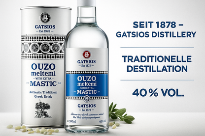 GATSIOS Ouzo Meltemi Mastic 40% Vol. – Griechischer Ouzo mit extra Mastix, 500 ml Flasche in Geschenk-Metalldose