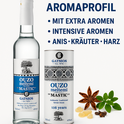 GATSIOS Ouzo Meltemi Mastic 40% Vol. – Griechischer Ouzo mit extra Mastix, 500 ml Flasche in Geschenk-Metalldose