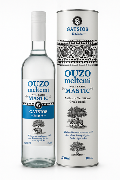 GATSIOS Ouzo Meltemi Mastic 40% Vol. – Griechischer Ouzo mit extra Mastix, 500 ml Flasche in Geschenk-Metalldose
