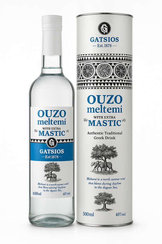 GATSIOS Ouzo Meltemi Mastic 40% Vol. – Griechischer Ouzo mit extra Mastix, 500 ml Flasche in Geschenk-Metalldose