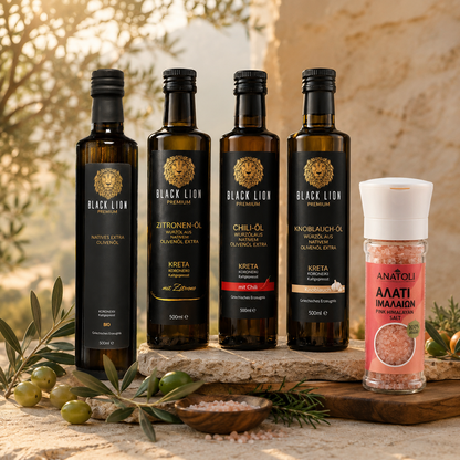 Black Lion Premium Genuss-Set – 4x 500 ml Olivenöl + Salz- Pfeffermühlemühle gratis