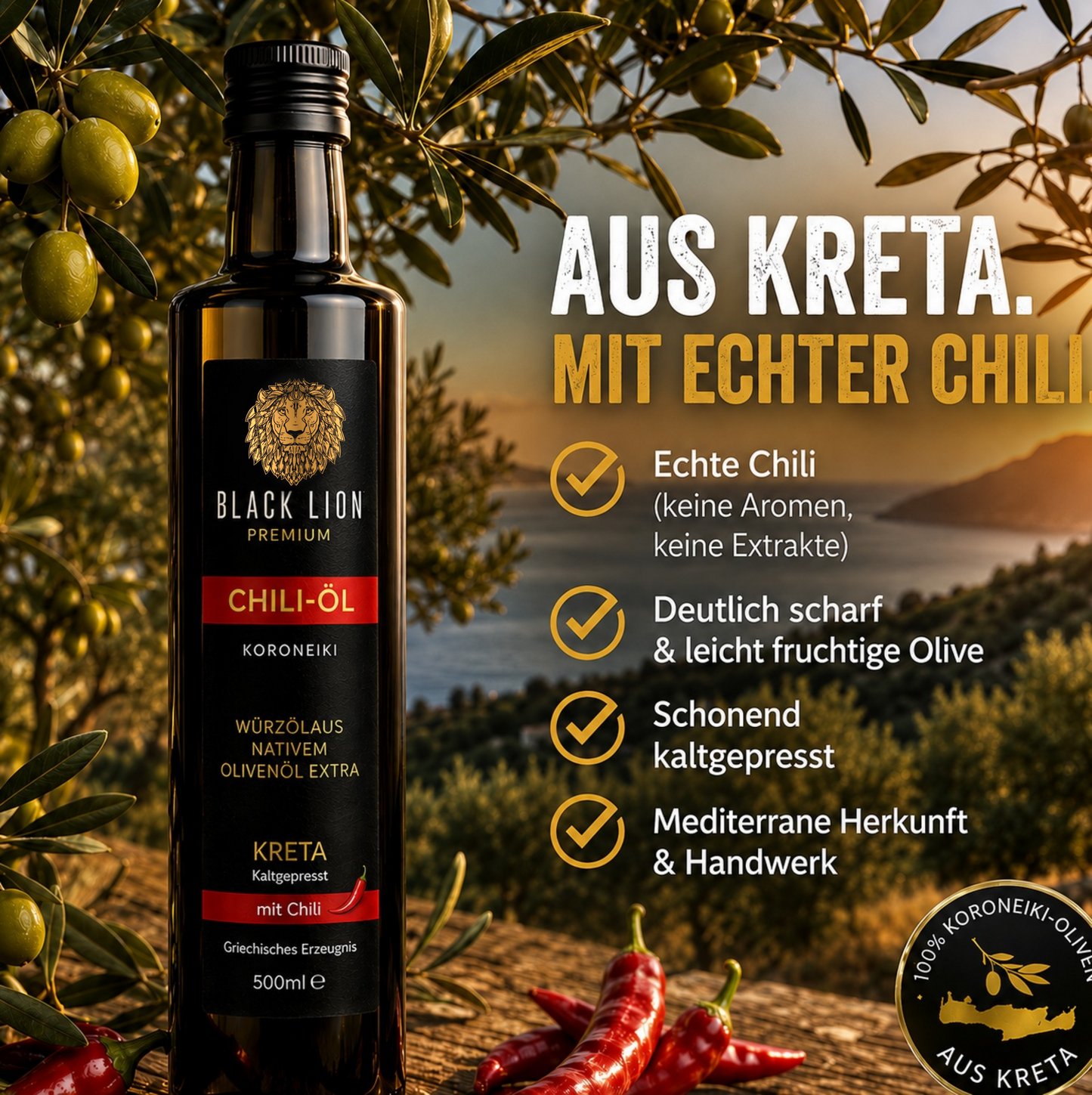 Black Lion Premium Chili-Olivenöl extra nativ – Chili & Würzöl mit echter Chili – kaltgepresst – ohne künstliche Zusätze – 500 ml