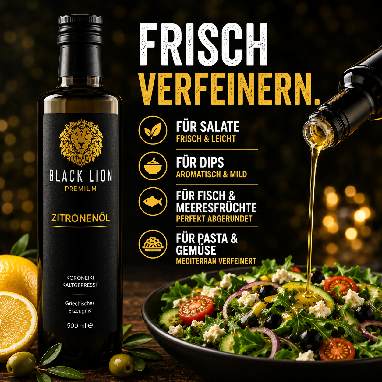 Black Lion Premium Zitronen-Olivenöl extra nativ – Zitronenöl & Würzöl mit echter Zitrone – kaltgepresst – ohne künstliche Zusätze – 500 ml