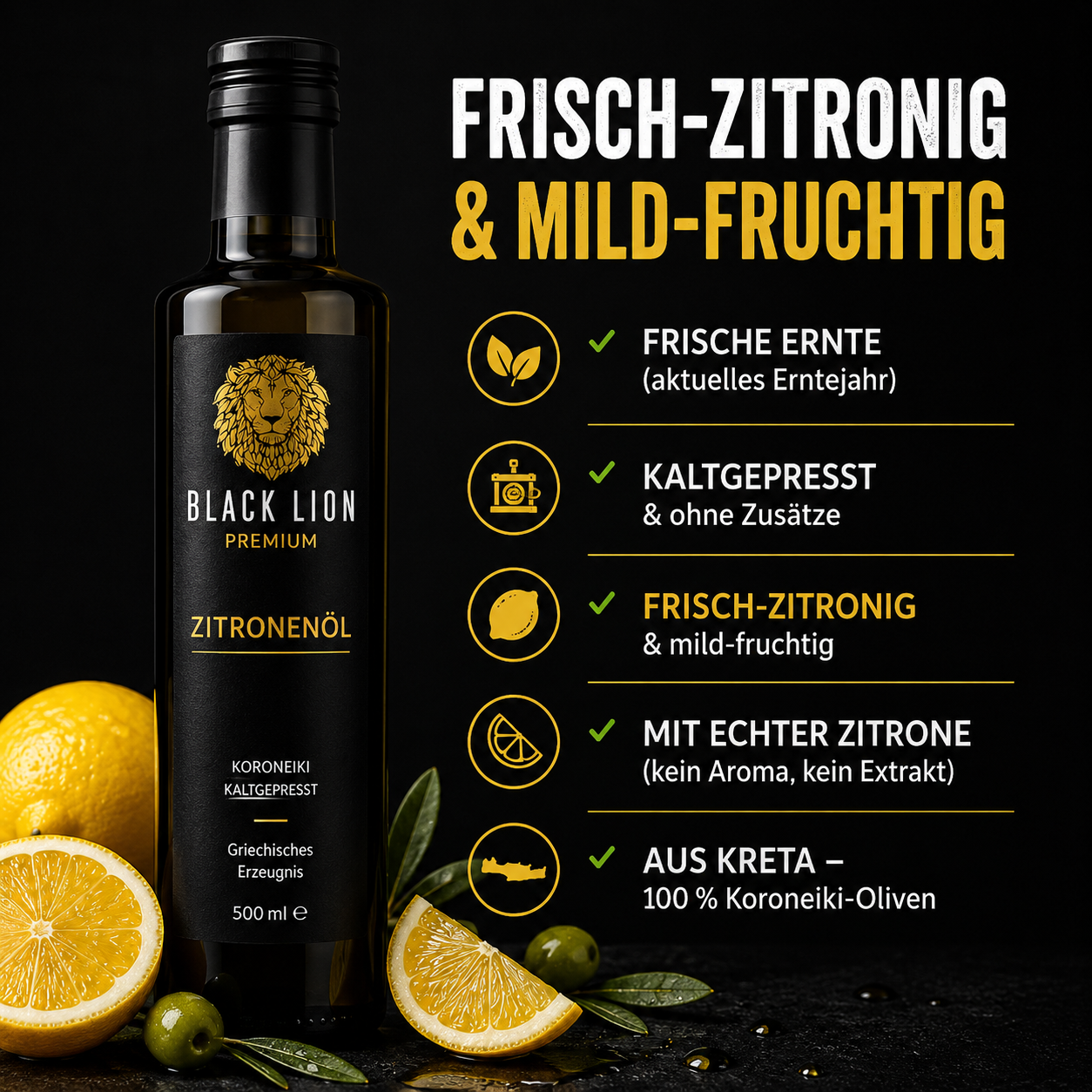 Black Lion Premium Zitronen-Olivenöl extra nativ – Zitronenöl & Würzöl mit echter Zitrone – kaltgepresst – ohne künstliche Zusätze – 500 ml