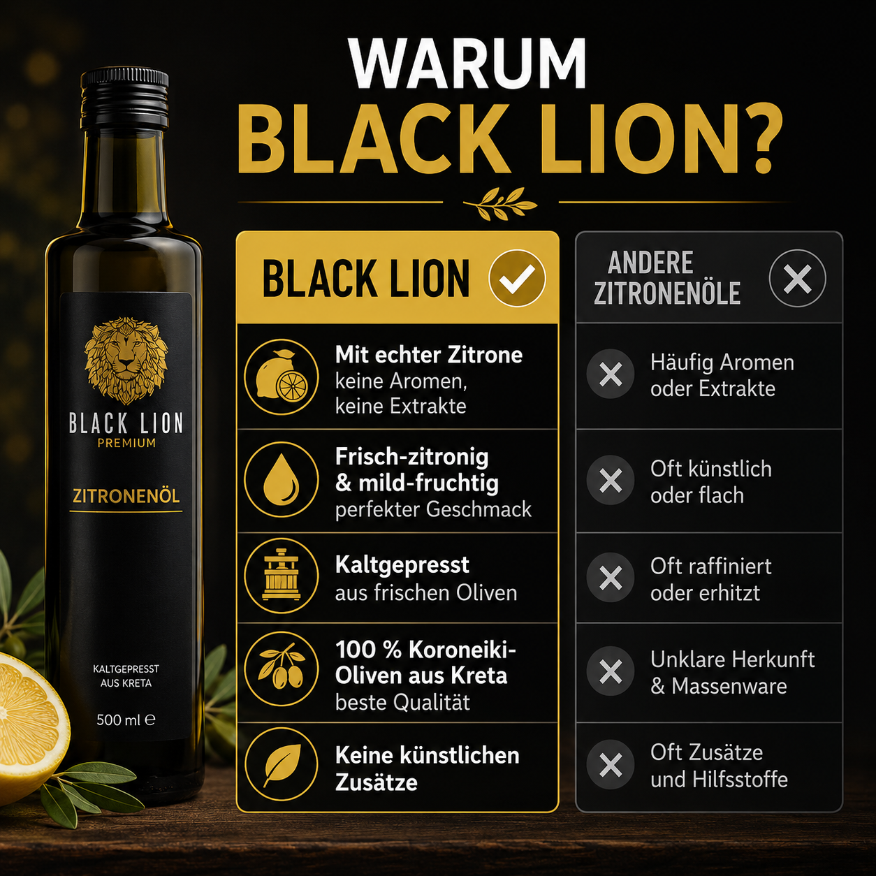 Black Lion Premium Zitronen-Olivenöl extra nativ – Zitronenöl & Würzöl mit echter Zitrone – kaltgepresst – ohne künstliche Zusätze – 500 ml