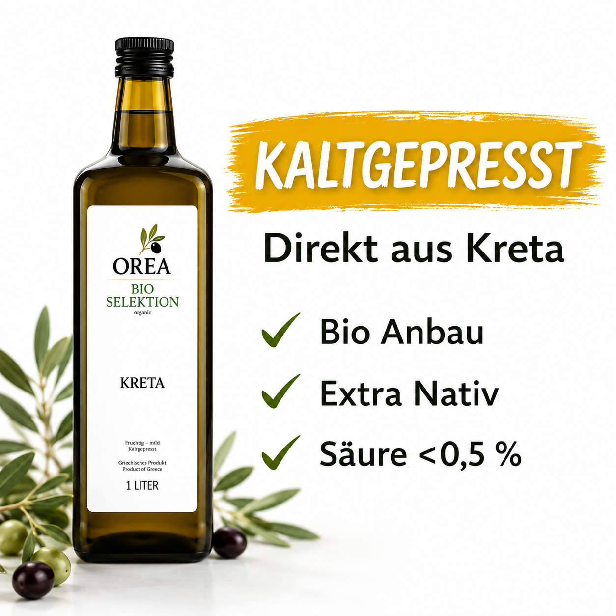 OREA Bio Olivenöl Extra Nativ aus Kreta – 3×1L (Ernte 2025/26) inkl. dunklem Balsamico Essig