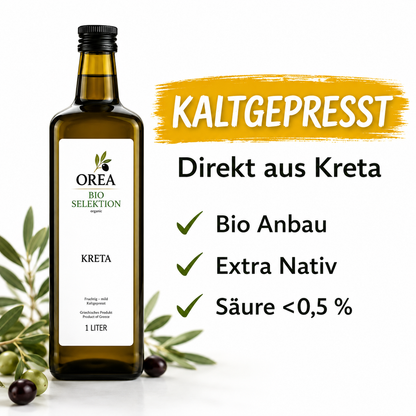 OREA Bio Olivenöl Extra Nativ aus Kreta – 3×1L (Ernte 2025/26) inkl. dunklem Balsamico Essig