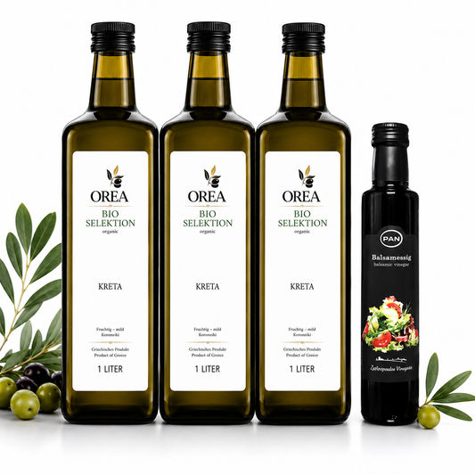 OREA Bio Olivenöl Extra Nativ aus Kreta – 3×1L (Ernte 2025/26) inkl. dunklem Balsamico Essig