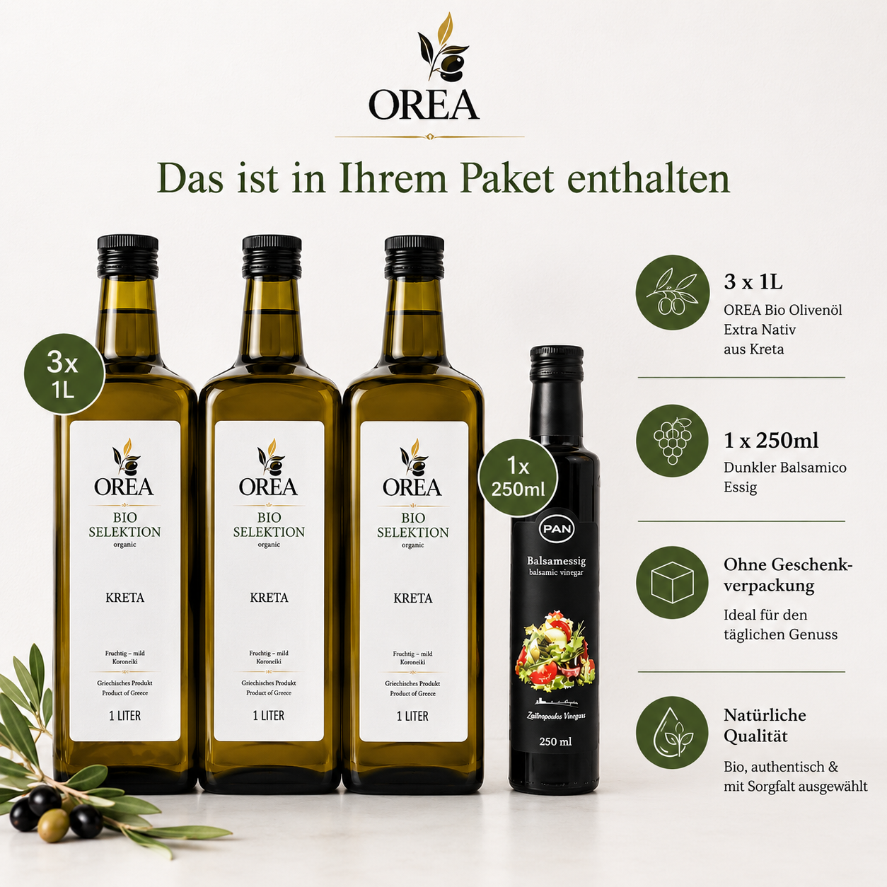 OREA Bio Olivenöl Extra Nativ aus Kreta – 3×1L (Ernte 2025/26) inkl. dunklem Balsamico Essig