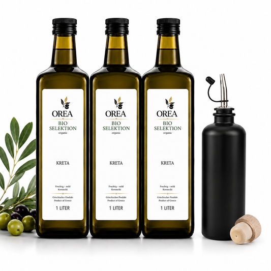 OREA Bio Olivenöl Extra Nativ aus Kreta – 3 x 1L (Ernte 2025/26) inkl. Premium Dosierflasche & Edelstahl-Ausgießer | frisch abgefüllt