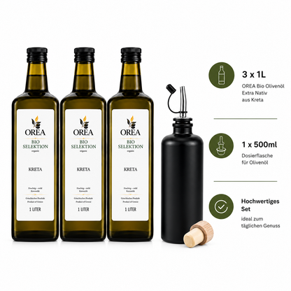 OREA Bio Olivenöl Extra Nativ aus Kreta – 3 x 1L (Ernte 2025/26) inkl. Premium Dosierflasche & Edelstahl-Ausgießer | frisch abgefüllt