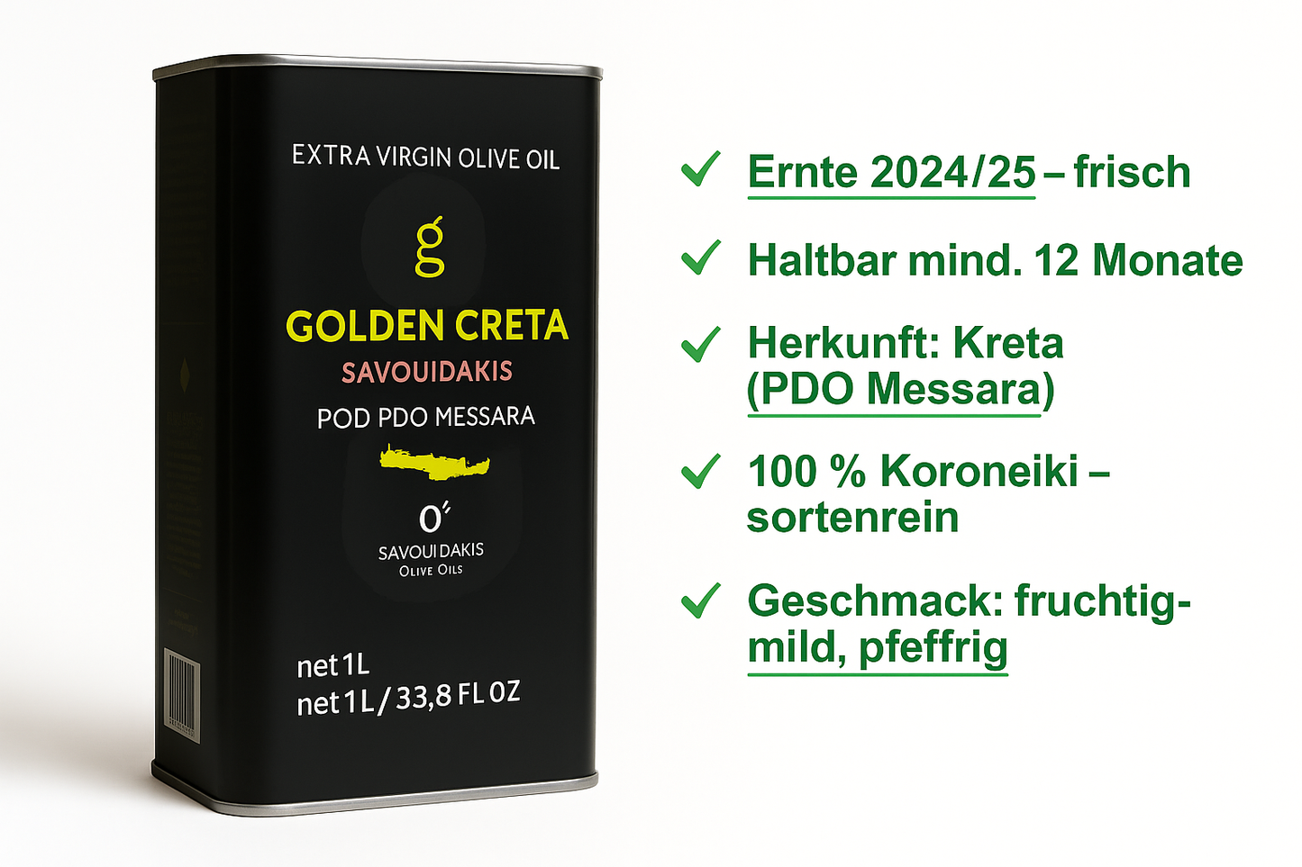 Golden Creta, natives Olivenöl extra aus Kreta 12x1 Liter Kanister - frische Ernte