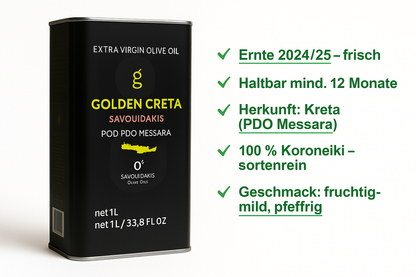 Golden Creta, natives Olivenöl extra aus Kreta 12x1 Liter Kanister - frische Ernte