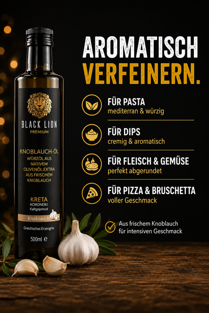 BLACK LION Premium Knoblauch-Olivenöl – Natives Olivenöl Extra aus Kreta (Koroneiki) ohne künstliche Zusätze – 500 ml