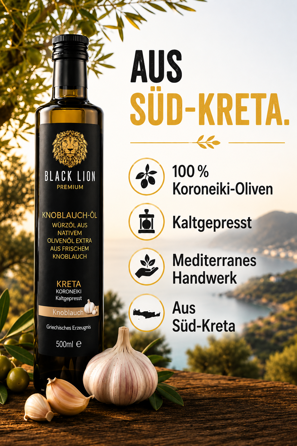 BLACK LION Premium Knoblauch-Olivenöl – Natives Olivenöl Extra aus Kreta (Koroneiki) ohne künstliche Zusätze – 500 ml