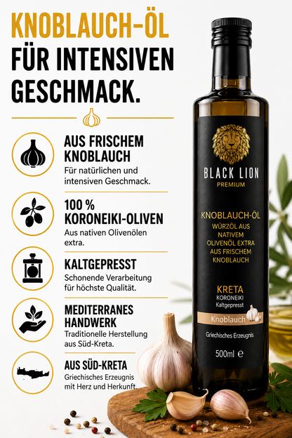 BLACK LION Premium Knoblauch-Olivenöl – Natives Olivenöl Extra aus Kreta (Koroneiki) ohne künstliche Zusätze – 500 ml