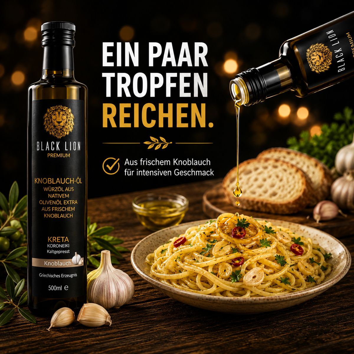Black Lion Premium Genuss-Set – 4 × 500 ml Olivenöl + 500 ml Squeeze-Flasche | 5er-Set (2,5 L)