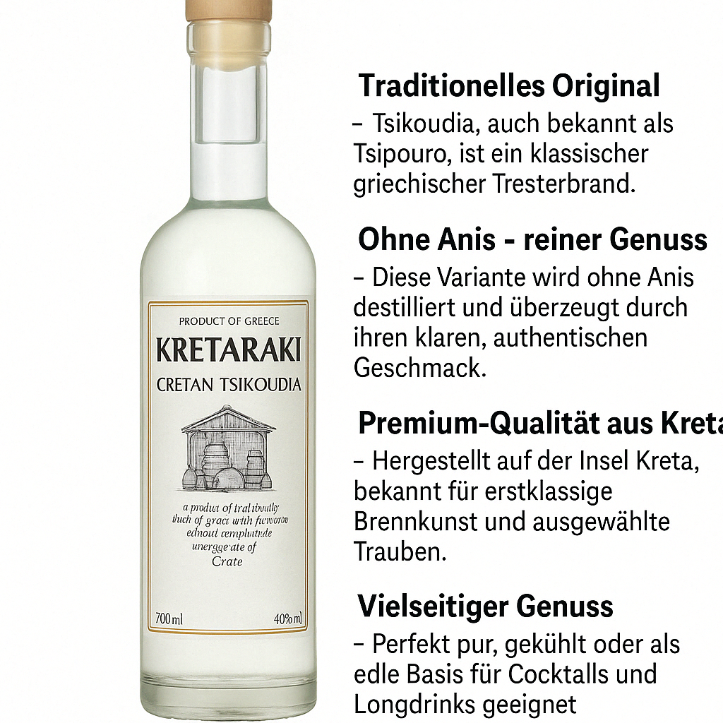 Tsikoudia Kreta Raki (Tsipouro) - Kretaraki ohne Anis 700ml mit