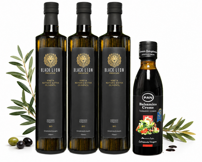 Black Lion Kreta Angebots Set – 3×750 ml Bio Olivenöl Extra Nativ + Balsamico Crema