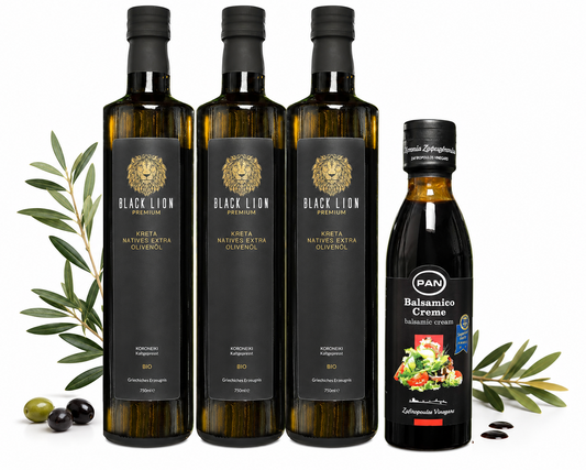 Black Lion Kreta Angebots Set – 3×750 ml Bio Olivenöl Extra Nativ + Balsamico Crema