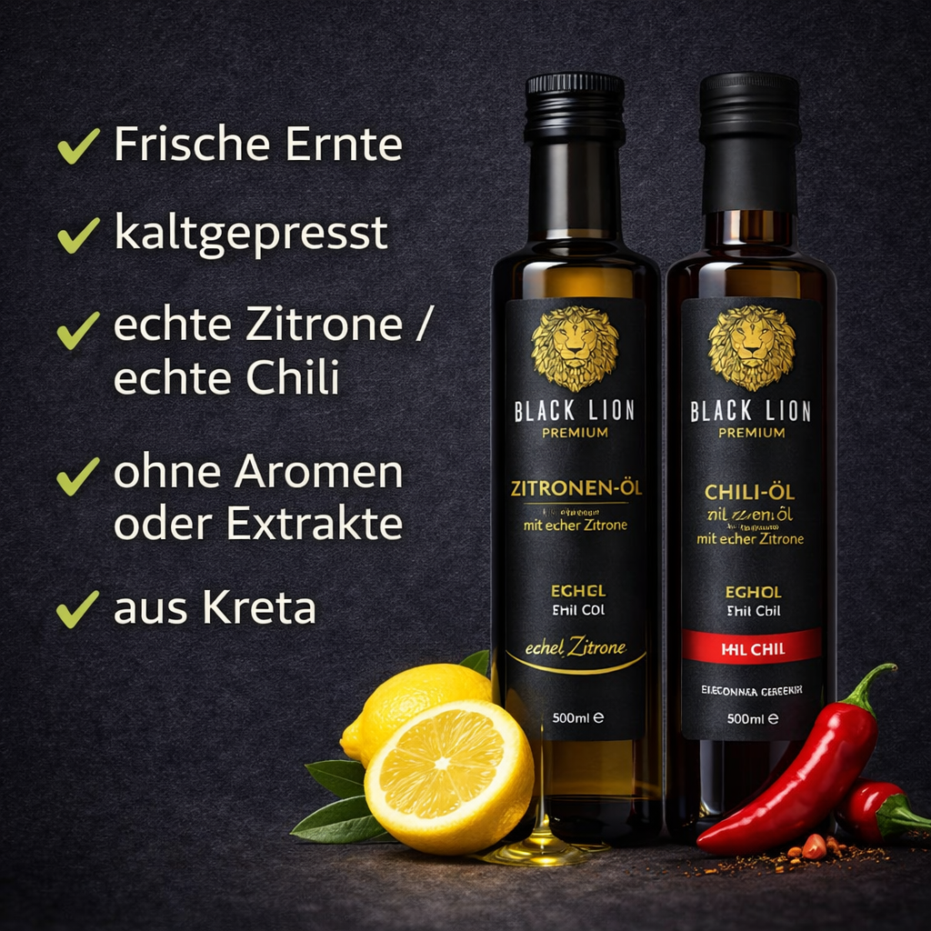 Würzöl Olivenöl Duo aus Kreta – Chili & Zitrone (2×500ml) Black Lion kaltgepresst – ohne künstliche Zusätze