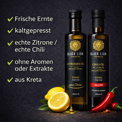 Würzöl Olivenöl Duo aus Kreta – Chili & Zitrone (2×500ml) Black Lion kaltgepresst – ohne künstliche Zusätze