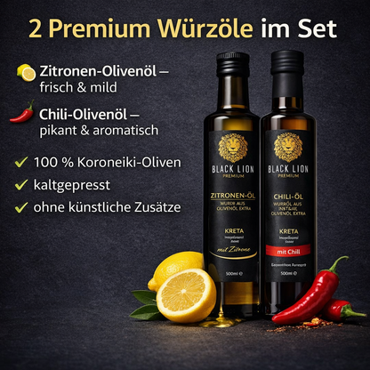 Würzöl Olivenöl Duo aus Kreta – Chili & Zitrone (2×500ml) Black Lion kaltgepresst – ohne künstliche Zusätze