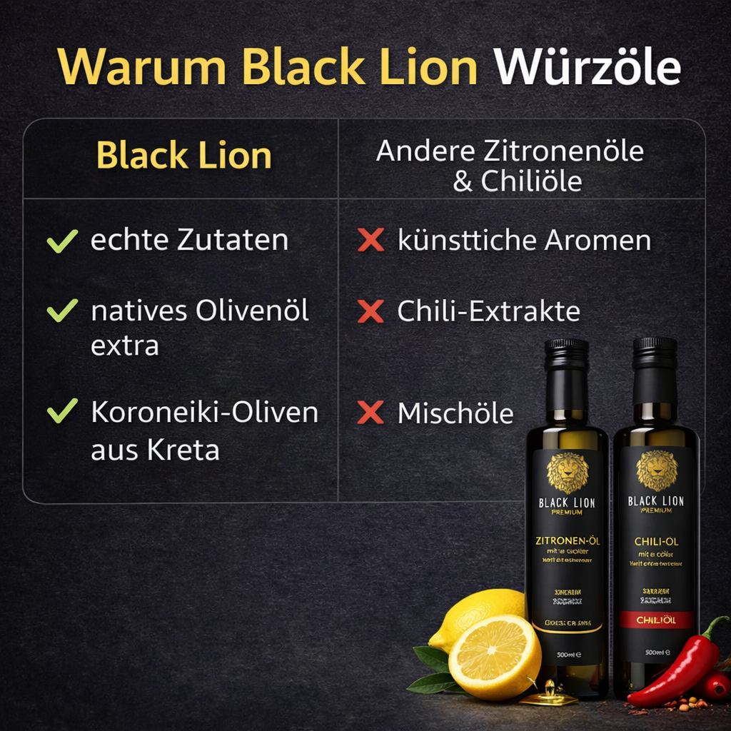 Würzöl Olivenöl Duo aus Kreta – Chili & Zitrone (2×500ml) Black Lion kaltgepresst – ohne künstliche Zusätze