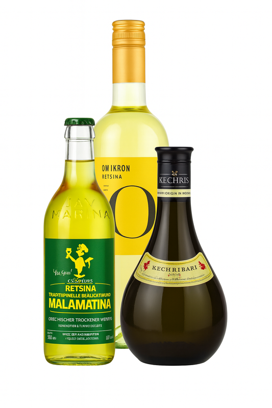 Probier-Set: 3x Retsina Weißwein Geharzt (1,75 L) - Kechribari & Malamatina