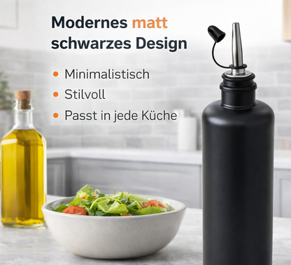 Schwarze Ölflasche 500 ml – Made in Germany mit Edelstahl-Ausgießer für Öl & Essig