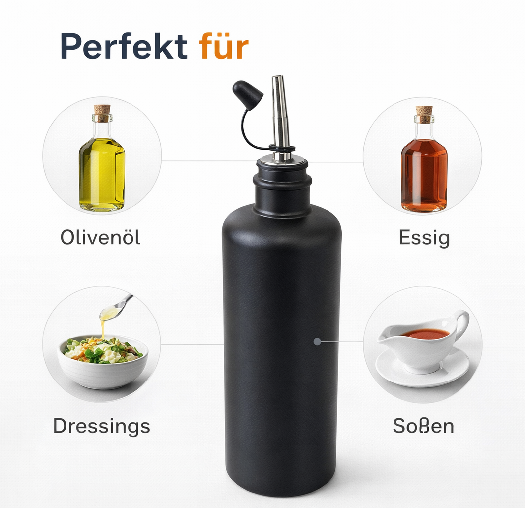 Schwarze Ölflasche 500 ml – Made in Germany mit Edelstahl-Ausgießer fü – OREA-FEINKOST